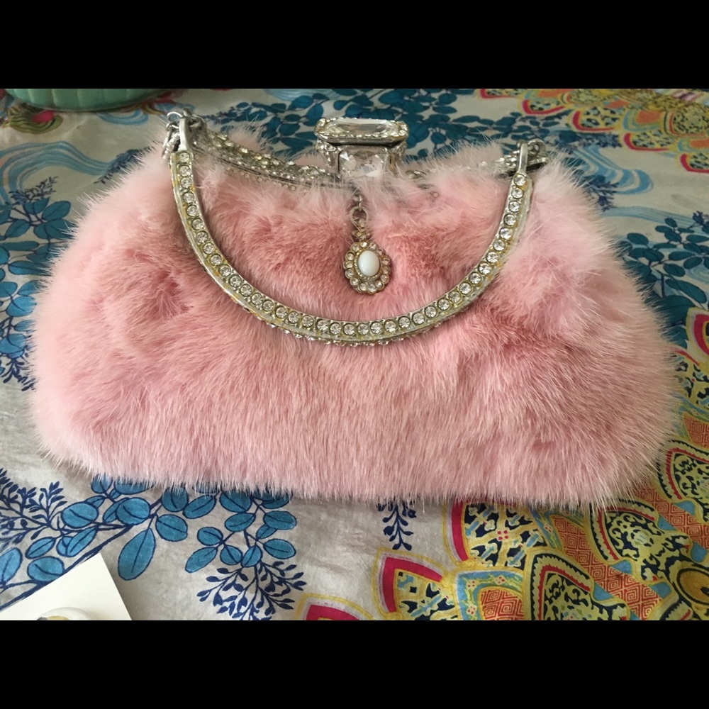 Pink mink w/rhinestones evening bag. New.